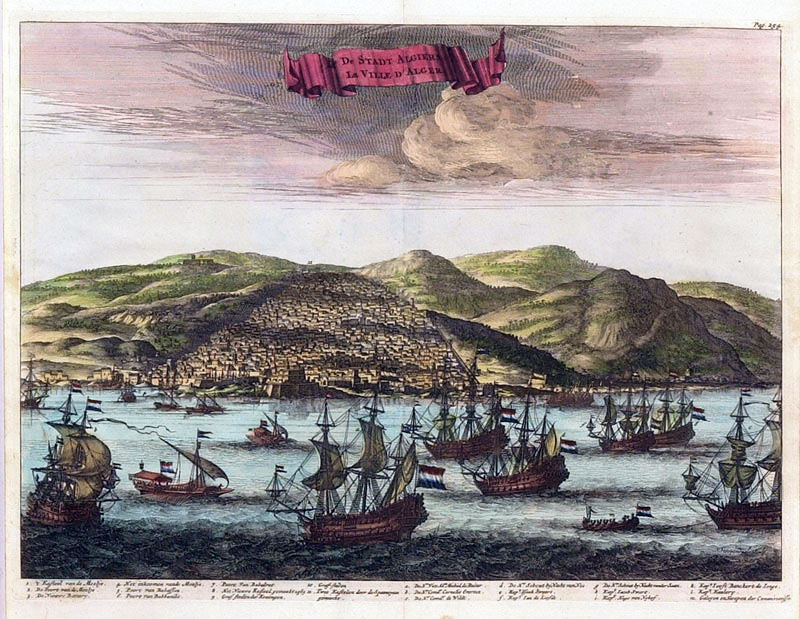 Une ancienne peinture montrant des navires marchands hollandais naviguant dans la baie d'Alger en 1680